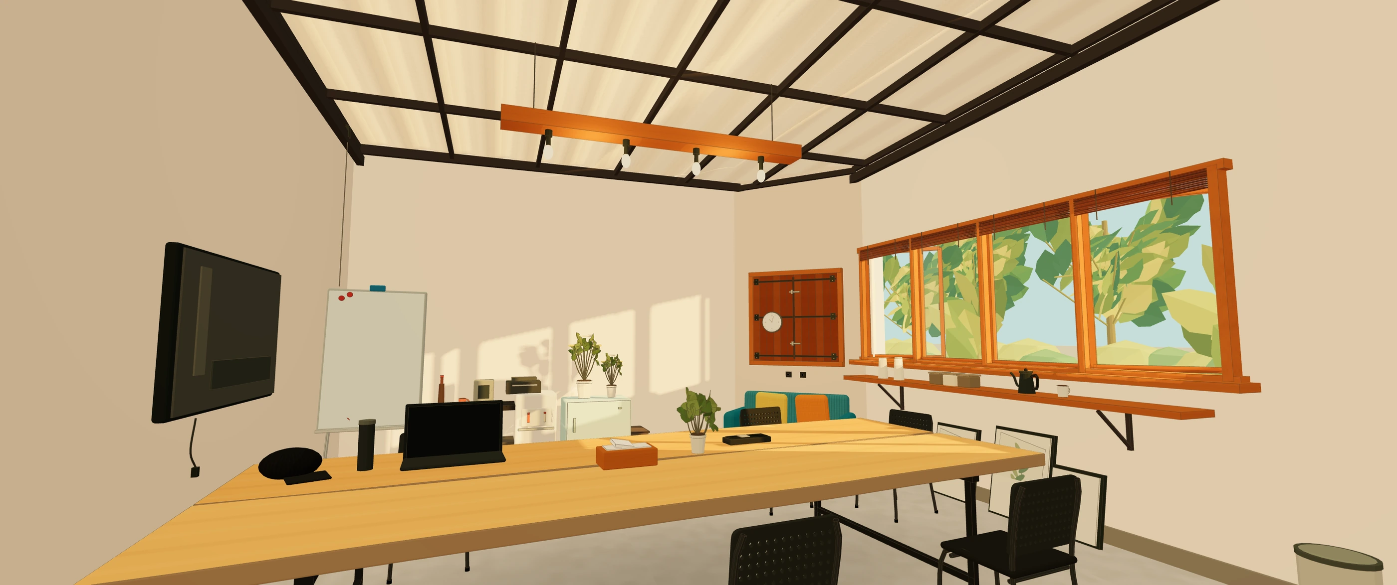 Ilustrasi kantor i7 dengan cahaya sore hangat dan jendela terbuka menghadap taman hijau